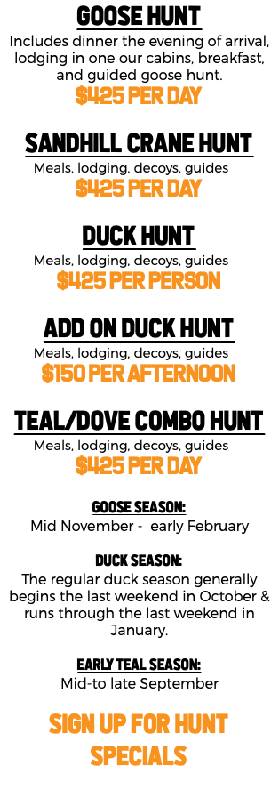 Goose Hunt Includes dinner the evening of arrival, lodging in one our cabins, breakfast, and guided goose hunt. $425 per day Sandhill Crane Hunt Meals, lodging, decoys, guides $425 per day Duck Hunt Meals, lodging, decoys, guides $425 per person Add on Duck Hunt Meals, lodging, decoys, guides $150 per afternoon Teal/Dove Combo Hunt Meals, lodging, decoys, guides $425 per day Goose Season: Mid November - early February Duck Season: The regular duck season generally begins the last weekend in October & runs through the last weekend in January. Early Teal Season: Mid-to late September SIGN UP FOR HUNT SPECIALS 